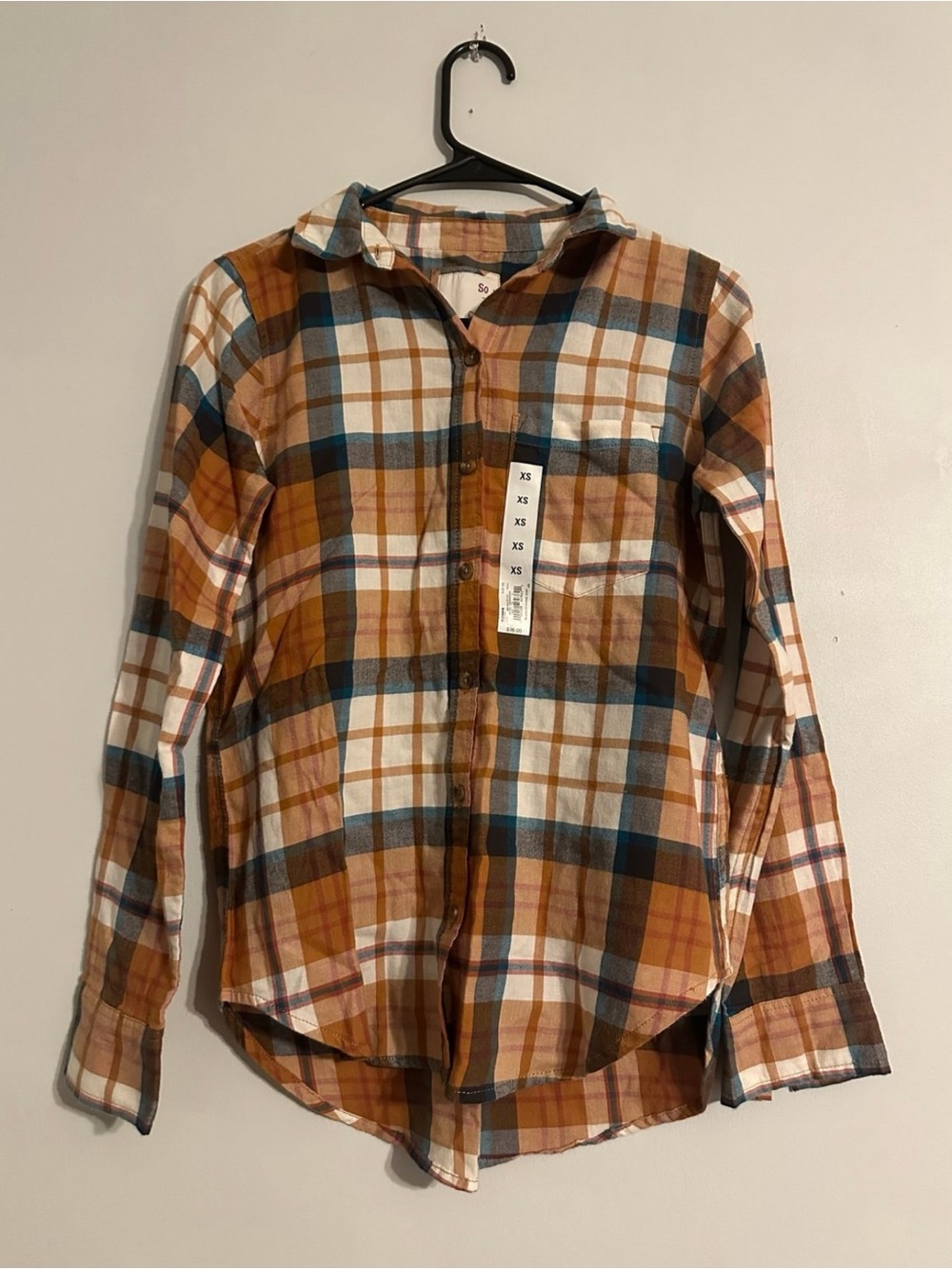 NWT So Women’s Cozy Shirt Orange Plaid Flannel Size XS